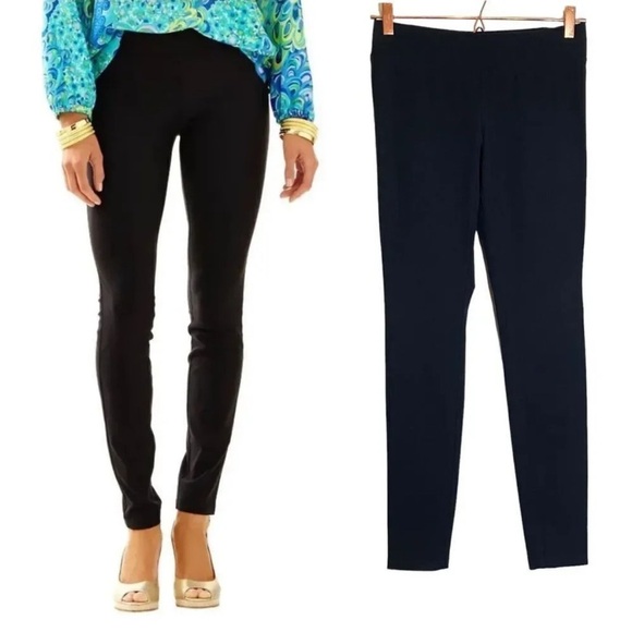 Lilly Pulitzer Gia SZ 4 Woven Leggings Black Elastic Waist Full-Length Pant Chic - Picture 3 of 10